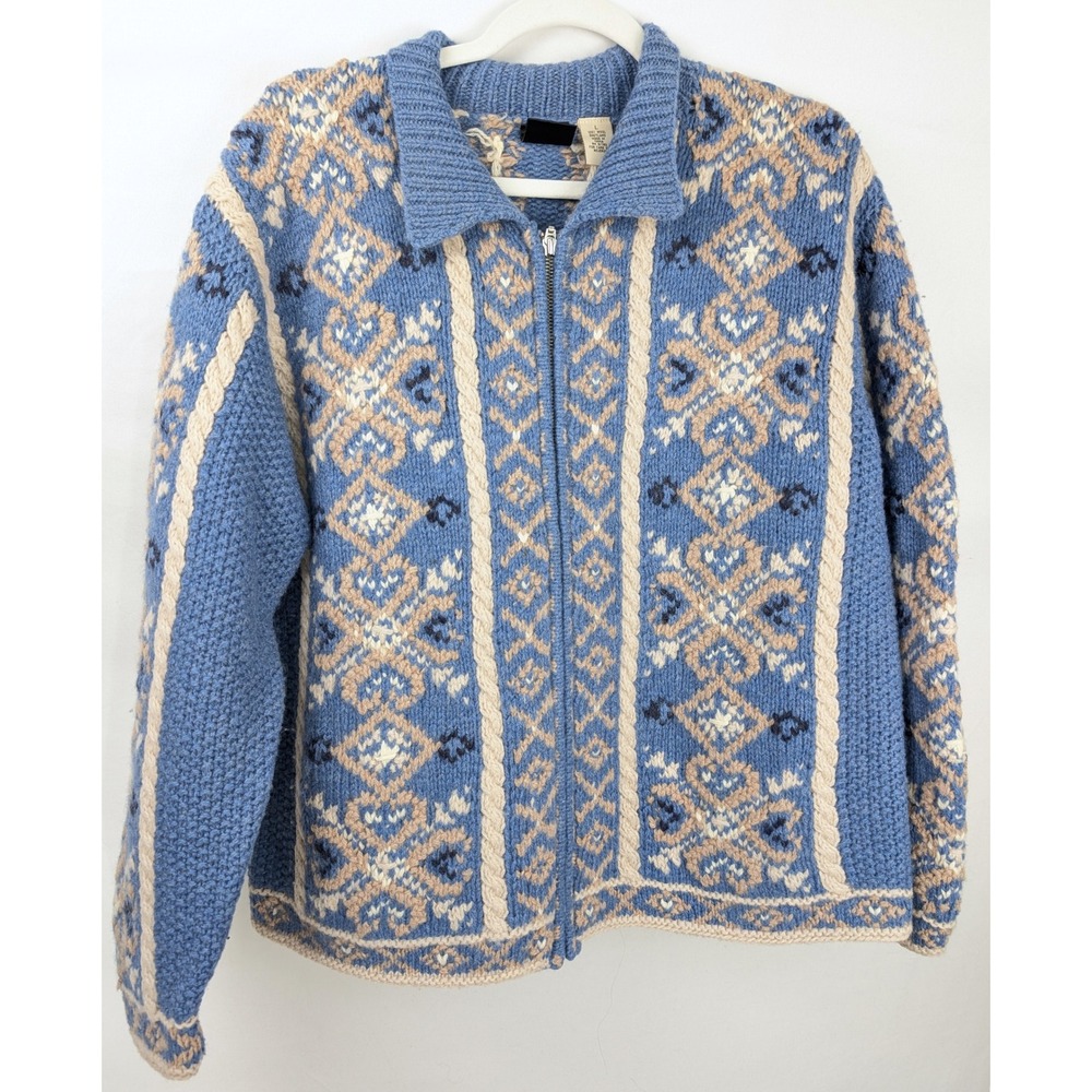 Vintage 90s 100% Shetland Wool Fair Isle Full Zip Cardigan Size L Blue Nordic